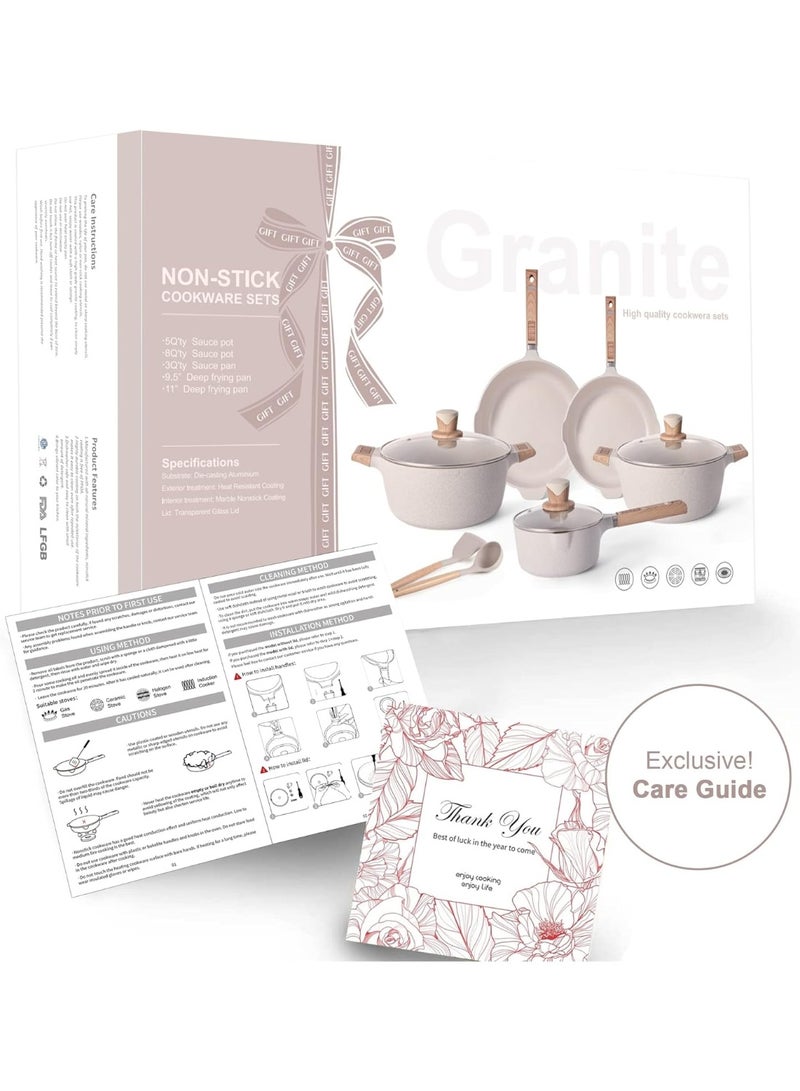 طقم أواني مطبخ ٢٧ قطعة، مقالي وطناجر غير لاصقة، مقالي وطناجر حجرية غير لاصقة مع ملعقة وملعقة تحريك، متوافق مع الحث، لون بيج - Image 5