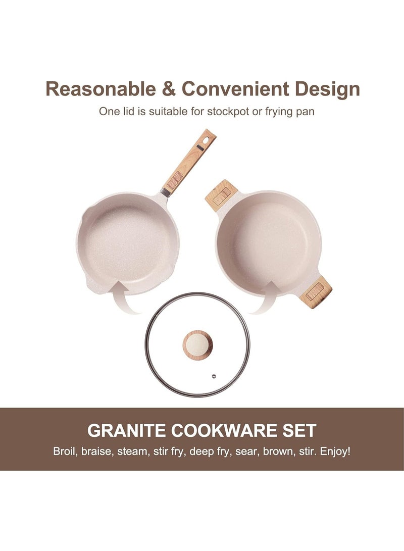 طقم أواني مطبخ ٢٧ قطعة، مقالي وطناجر غير لاصقة، مقالي وطناجر حجرية غير لاصقة مع ملعقة وملعقة تحريك، متوافق مع الحث، لون بيج - Image 3