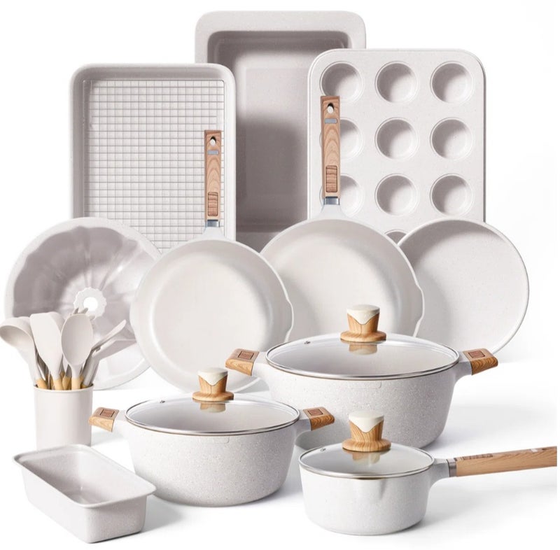 طقم أواني مطبخ ٢٧ قطعة، مقالي وطناجر غير لاصقة، مقالي وطناجر حجرية غير لاصقة مع ملعقة وملعقة تحريك، متوافق مع الحث، لون بيج - Image 1