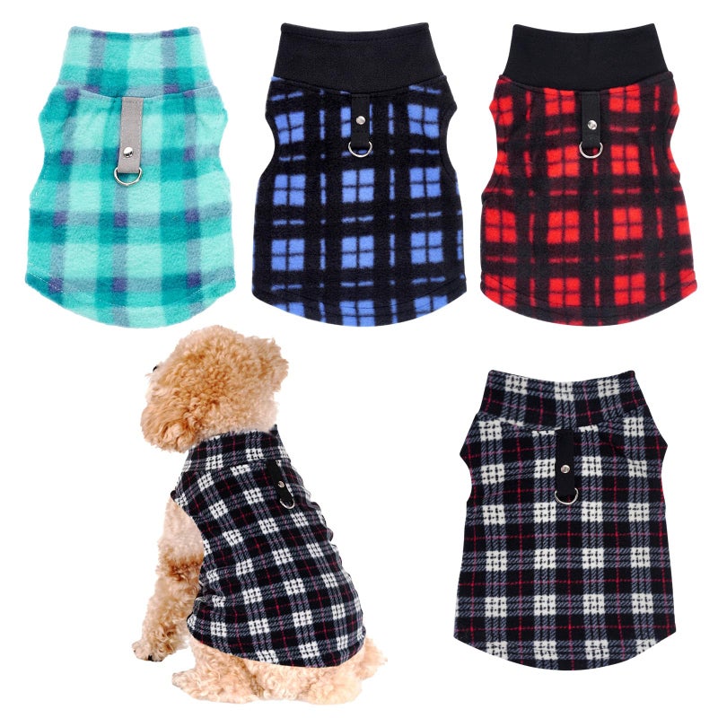 Rbenxia 4 Pieces Buffalo Plaid Dog Sweaters with Leash Ring Soft Fleece Vest Dogs Pullover Warm Jacket Pet Dogs Clothes Winter Dog Outfits for Small Puppy Cat Pets (Green, Blue, Grey, Red, X-Small) - Image 1