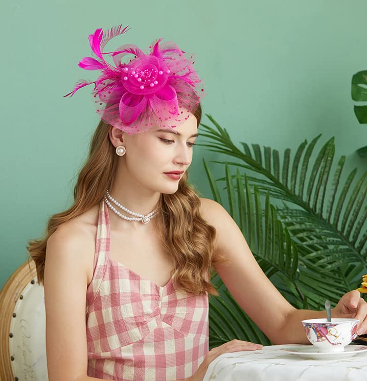 Cizoe Fascinators Hat for Women Tea Party Headband Kentucky Derby Wedding Flower Cocktail Mesh Feathers Hair Clip(1-Fushia) - Image 4