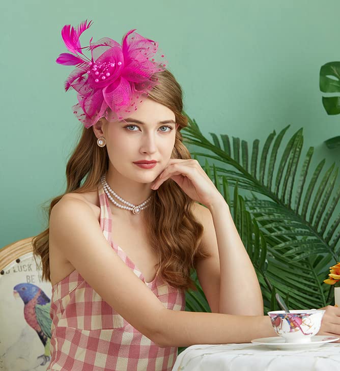 Cizoe Fascinators Hat for Women Tea Party Headband Kentucky Derby Wedding Flower Cocktail Mesh Feathers Hair Clip(1-Fushia) - Image 2
