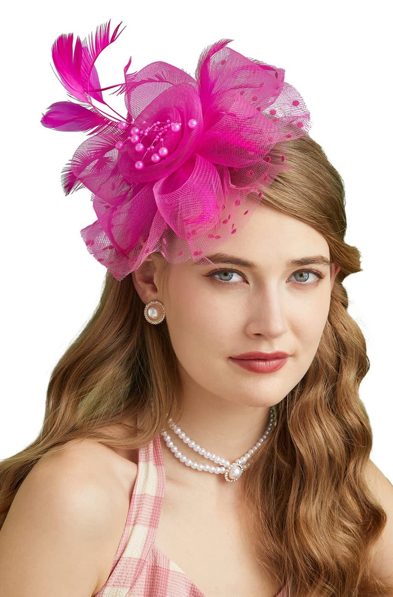 Cizoe Fascinators Hat for Women Tea Party Headband Kentucky Derby Wedding Flower Cocktail Mesh Feathers Hair Clip(1-Fushia) - Image 1