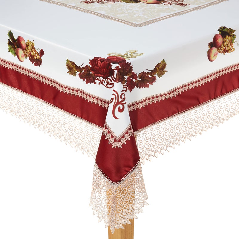 Violet Linen Decorative Printed Fruttela Tablecloth with Lace Trimming Burgundy  70 X 105