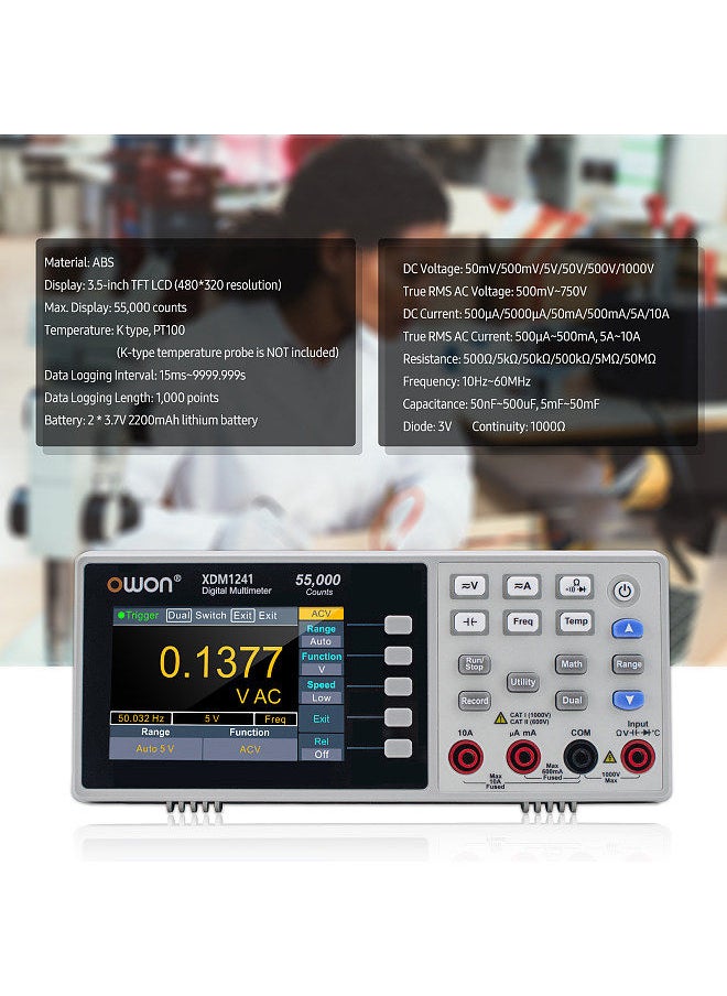 Owon - Owon XDM1241 Mini Desktop Digital Multimeter Rechargeable 55,000 Counts High Accuracy True RMS Universal Meter with 3.5-inch TFT LCD Screen - Image 1