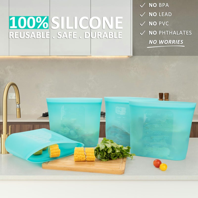 Annaklin Reusable Food Storage Bags Extra Large, 0.8 Gallon/101 fl.oz/3000 ml, 4 Pack 100% Silicone Food Storage Bags Stand-Up Wide-Mouth Zip-Lock for Large Items, Freezer Microwave Oven Dishwasher Safe, Aqua - Image 2