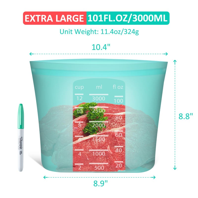 Annaklin Reusable Food Storage Bags Extra Large, 0.8 Gallon/101 fl.oz/3000 ml, 4 Pack 100% Silicone Food Storage Bags Stand-Up Wide-Mouth Zip-Lock for Large Items, Freezer Microwave Oven Dishwasher Safe, Aqua - Image 3