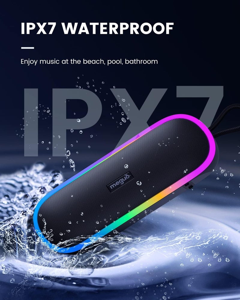 MEGUO مكبر صوت بلوتوث بقوة 20 واط مع أضواء RGB، مكبر صوت محمول، مقاوم للماء IPX7، بلوتوث 5.1، مدخل ميكروفون، وقت تشغيل 12 ساعة، للاستخدام الخارجي في الحفلات والتخييم والشواء - Image 5