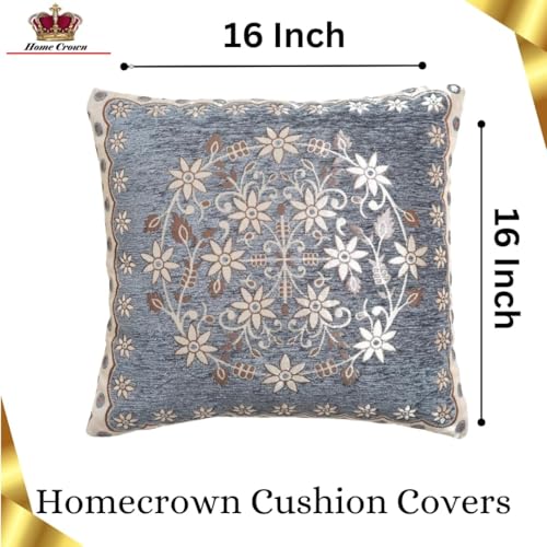 HOMECROWN Velvet Cushion Covers Set of 5 – 16x16 Inches, Embroidered Sofa Pillow Covers for Home, Living Room & Bedroom (Grey) - Image 3