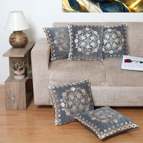 HOMECROWN Velvet Cushion Covers Set of 5 – 16x16 Inches, Embroidered Sofa Pillow Covers for Home, Living Room & Bedroom (Grey) - Image 1