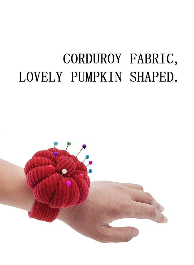 Cushion Sewing Pin, Pumpkin Shape corduroy Needle Cushion Holder Band Wearable Pincushions Pincushion with Elastic for Pins for Quilting or DIY Crafts (Red) - Image 3