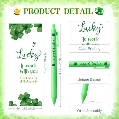 Chiisong 24 Sets St Patricks Day Gifts Bulk for Coworkers 4 Leaf Clover Lapel Pins Shamrock Clover Ballpoint Pens with Good Luck Cards Employee Appreciation Gift for St Patricks Day Party Favors - Image 3