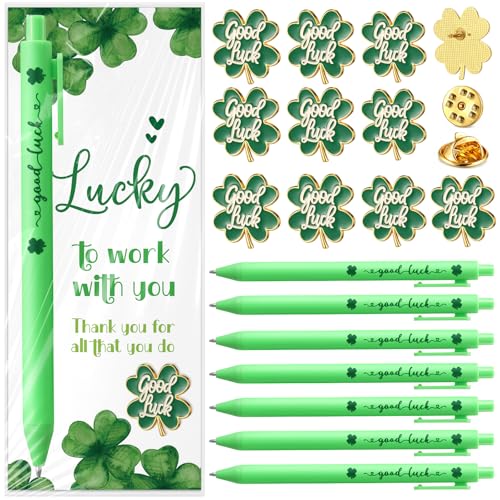 Chiisong 24 Sets St Patricks Day Gifts Bulk for Coworkers 4 Leaf Clover Lapel Pins Shamrock Clover Ballpoint Pens with Good Luck Cards Employee Appreciation Gift for St Patricks Day Party Favors - Image 1