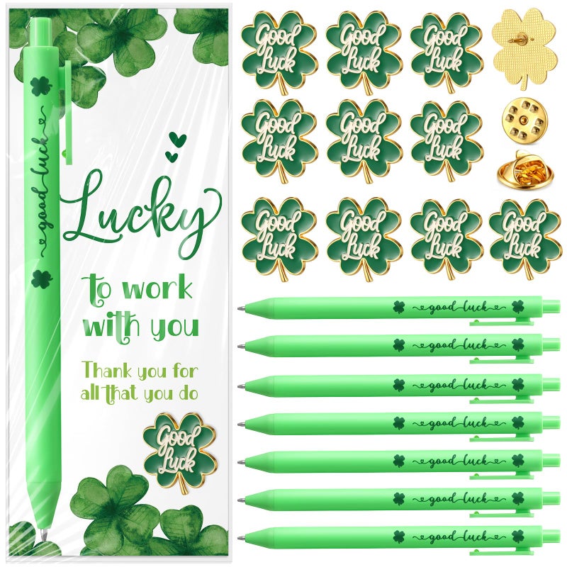Chiisong 24 Sets St Patricks Day Gifts Bulk for Coworkers 4 Leaf Clover Lapel Pins Shamrock Clover Ballpoint Pens with Good Luck Cards Employee Appreciation Gift for St Patricks Day Party Favors - Image 2