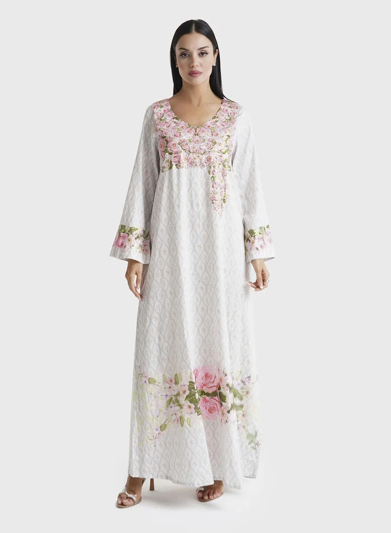 KASHKHA Ash Grey Floral Printed Cotton Satin Stone Work Jalabiya (VDE390)