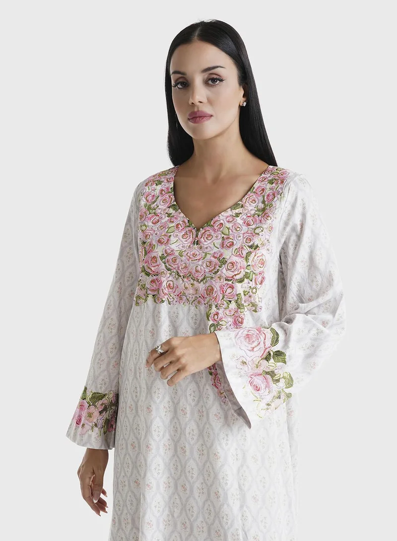 KASHKHA Ash Grey Floral Printed Cotton Satin Stone Work Jalabiya (VDE390)