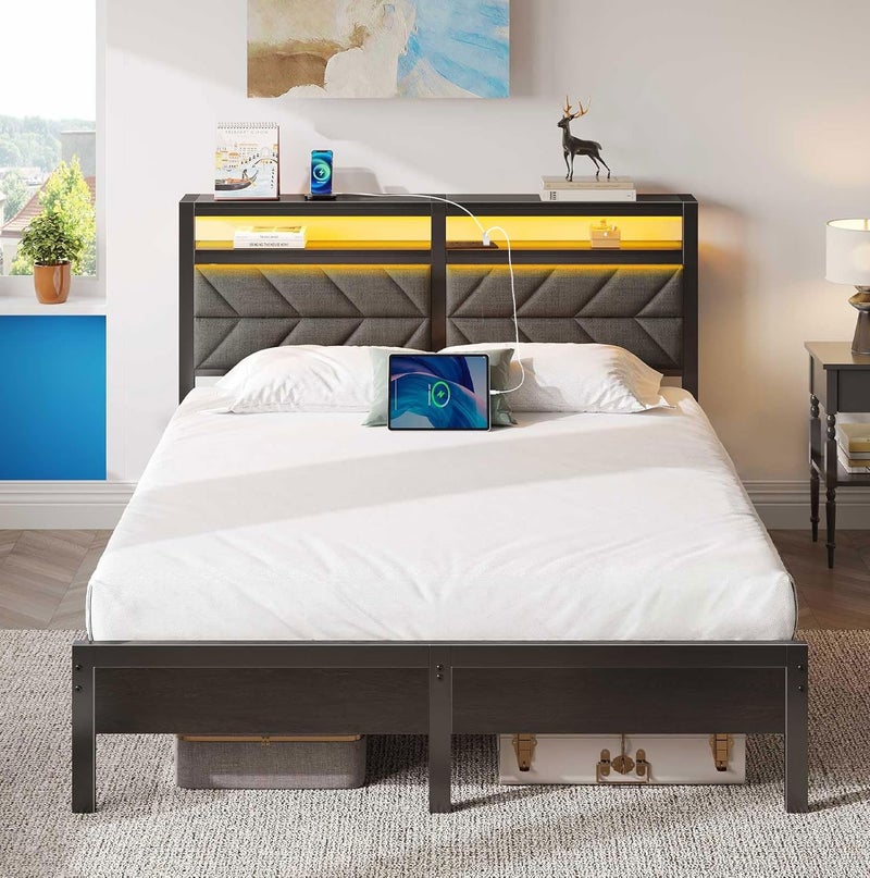Yanara Modern Black Metal Bed Frame with LED Lights & Charging Station | Upholstered Storage Headboard | Sturdy Platform Bed - Multiple Sizes (Single/Double/King) | No-Spring Box, Quiet and Easy to Assemble - Image 1