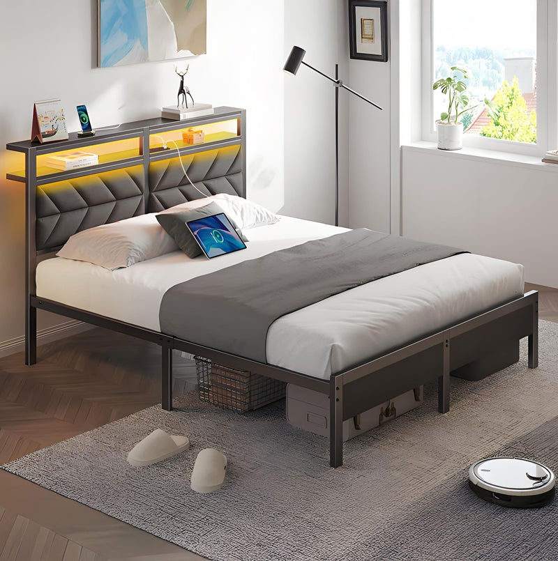 Yanara Modern Black Metal Bed Frame with LED Lights & Charging Station | Upholstered Storage Headboard | Sturdy Platform Bed - Multiple Sizes (Single/Double/King) | No-Spring Box, Quiet and Easy to Assemble - Image 2