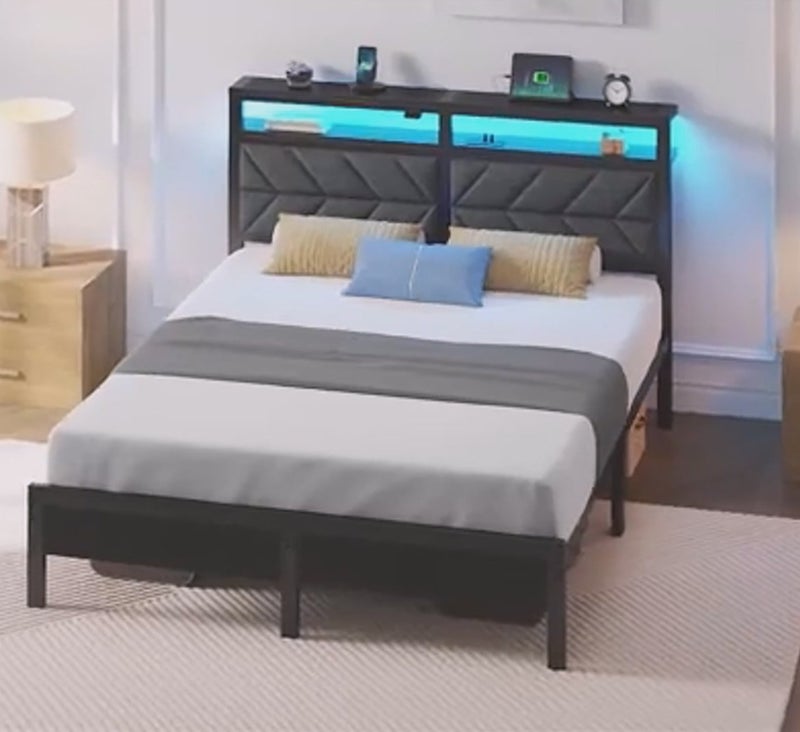 Yanara Modern Black Metal Bed Frame with LED Lights & Charging Station | Upholstered Storage Headboard | Sturdy Platform Bed - Multiple Sizes (Single/Double/King) | No-Spring Box, Quiet and Easy to Assemble - Image 3