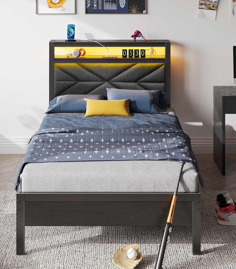 Yanara Modern Black Metal Bed Frame with LED Lights & Charging Station | Upholstered Storage Headboard | Sturdy Platform Bed - Multiple Sizes (Single/Double/King) | No-Spring Box, Quiet and Easy to Assemble - Image 4