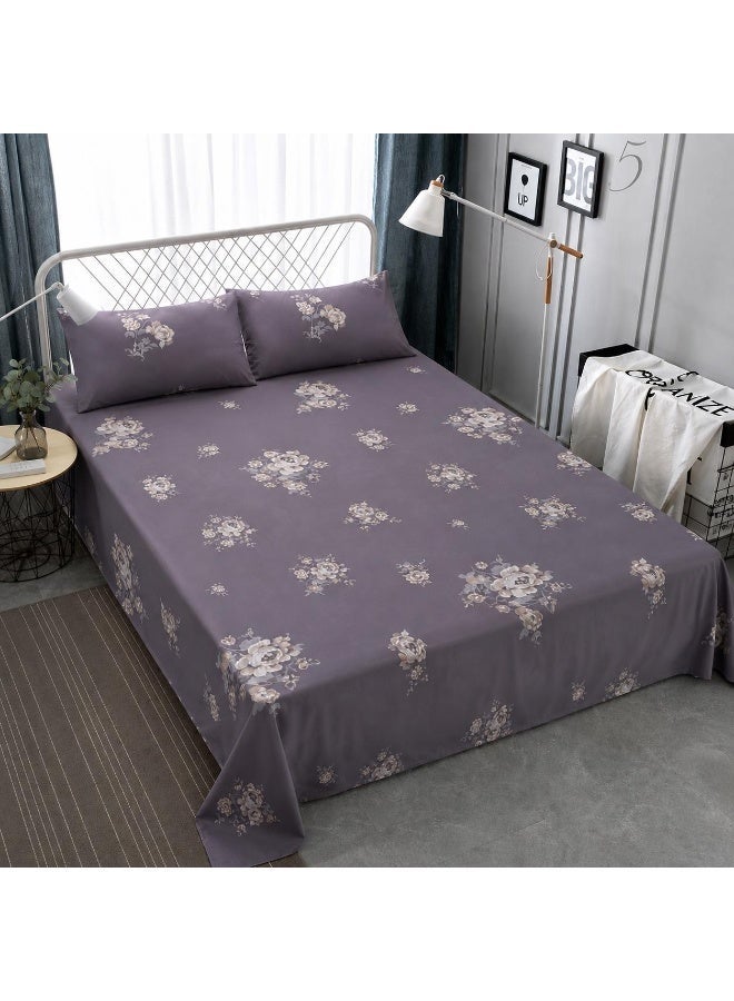 3-Piece 150 GSM Microfiber King Size Bed Sheet Set - Elegant Lavender Floral Print, Includes 1 Flat Sheet (270x250 CM) & 2 Pillowcases (50x75 CM) - Image 1