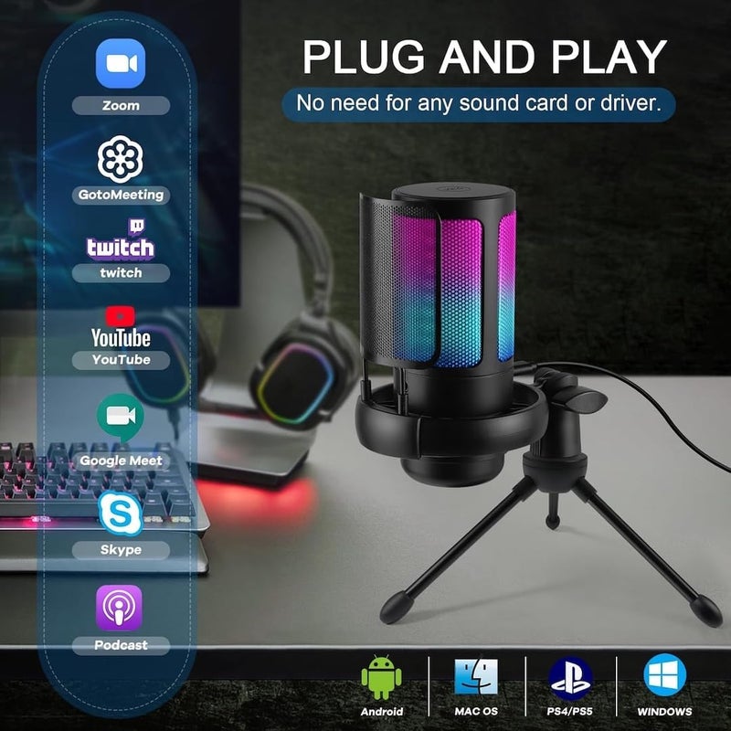 ميكروفون USB للألعاب RGB للكمبيوتر و PS5 - ميكروفون مكثف مع كتم سريع، تحكم في الصوت وفلتر صوتي - Image 2