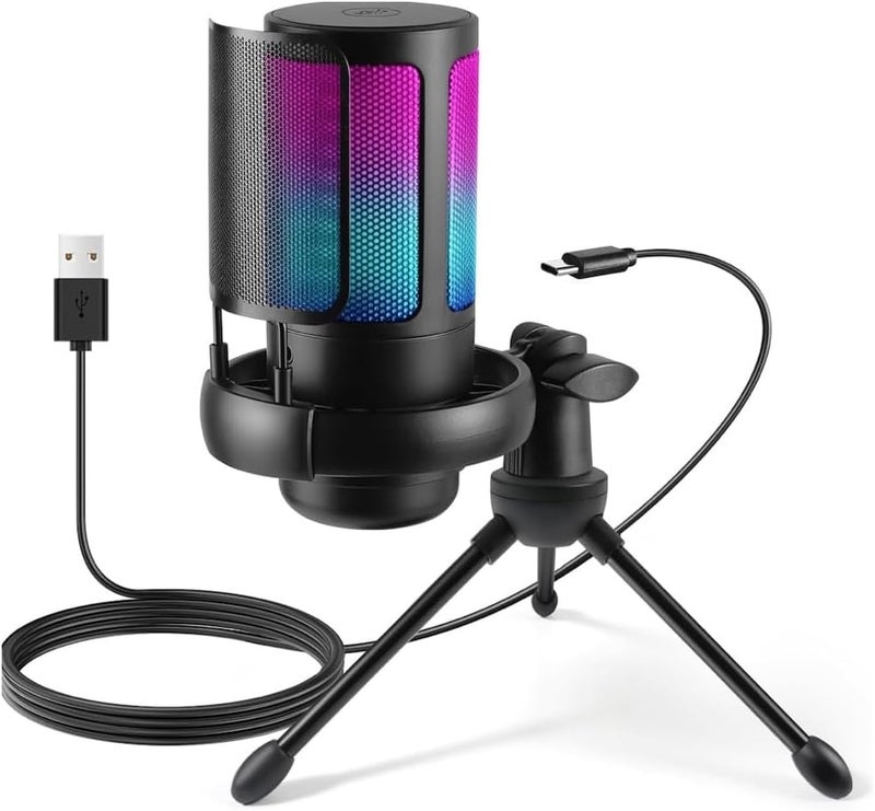 ميكروفون USB للألعاب RGB للكمبيوتر و PS5 - ميكروفون مكثف مع كتم سريع، تحكم في الصوت وفلتر صوتي - Image 1