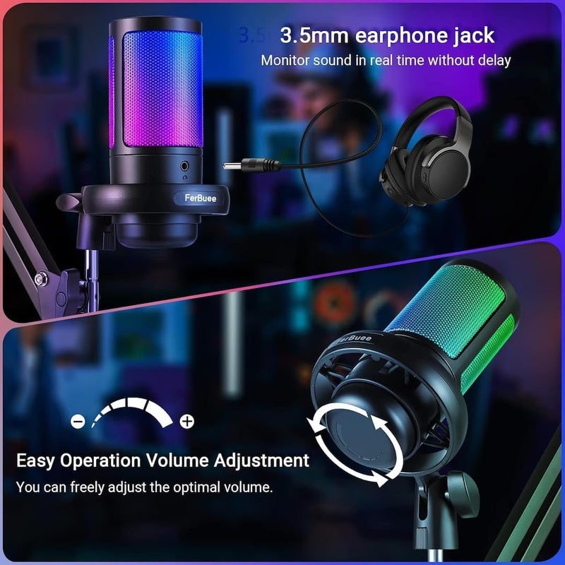 ميكروفون USB للألعاب RGB للكمبيوتر و PS5 - ميكروفون مكثف مع كتم سريع، تحكم في الصوت وفلتر صوتي - Image 3