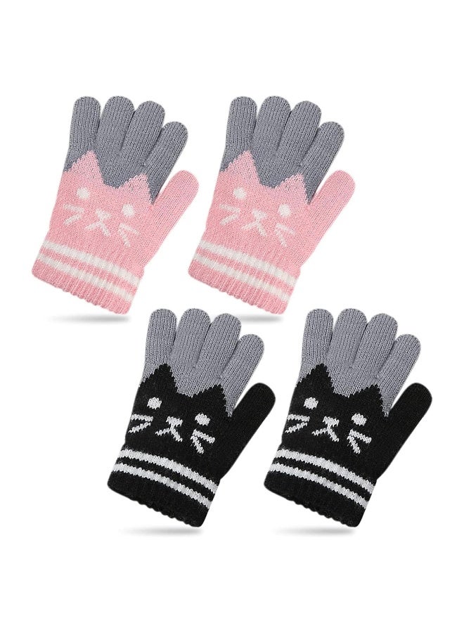 2 Pairs Kids Winter Gloves Warm Knitted Soft Gloves lovely Cat Thermal Full Fingers Stretch Gloves Outdoor School Costume Daily Wearing for Boys Girls 3-8 Years Old (Black+Pink)  - Image 1