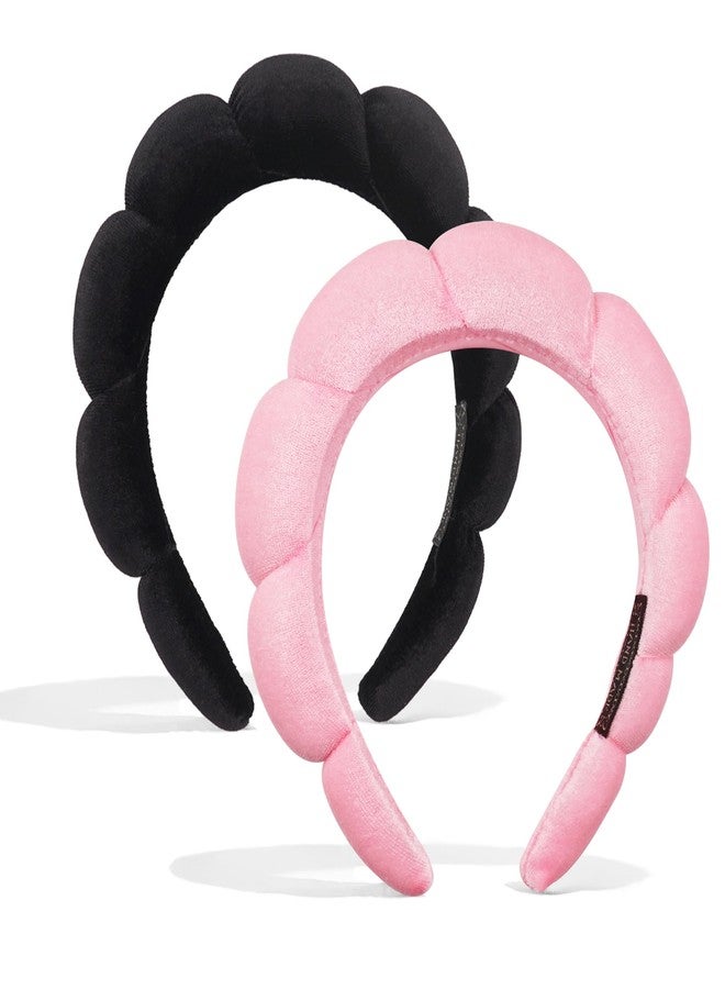 Ayesha 2pcs Spa Headband for Washing Face, Bubble Sponge Soft Hairband for Women - Skincare and Makeup (Pink&Black) - Image 1