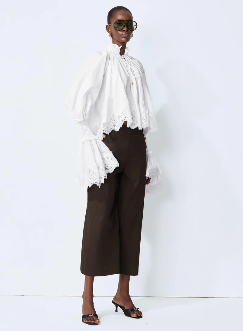 Sunfere Fresh Feelings White Lace Trim Puff Sleeve Blouse