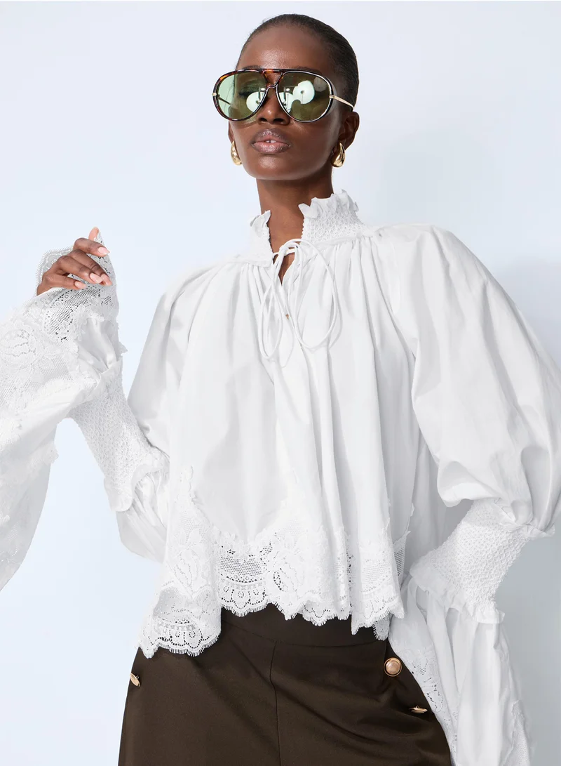 Sunfere Fresh Feelings White Lace Trim Puff Sleeve Blouse