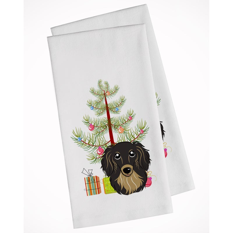 Caroline's Treasures Christmas Tree and Longhair Black and Tan Dachshund White Kitchen Towel Set of 2