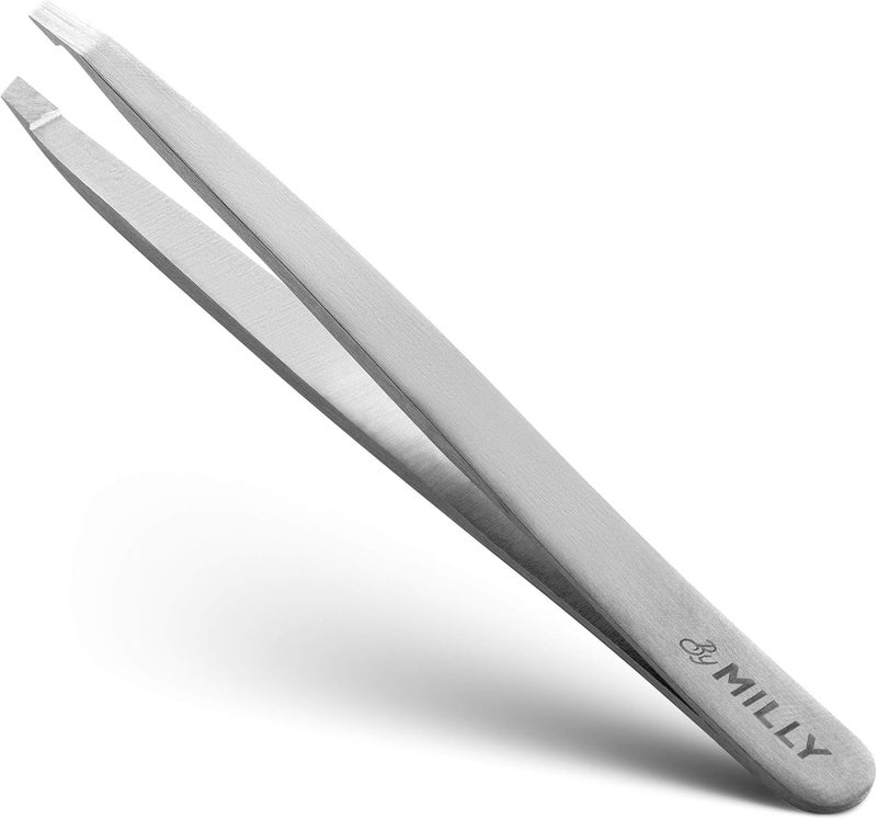 By MILLY Professional Slanted Tweezers for Women & Men | High Carbon Stainless Steel Sharp Tweezers | Tweezers for Women Facial Hair Plucking, Hand-Filed & Aligned Precision Slant Tips - Silver - Image 1