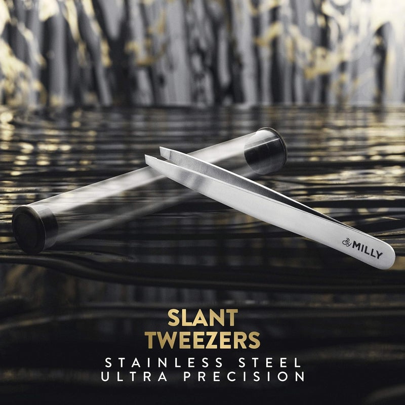 By MILLY Professional Slanted Tweezers for Women & Men | High Carbon Stainless Steel Sharp Tweezers | Tweezers for Women Facial Hair Plucking, Hand-Filed & Aligned Precision Slant Tips - Silver - Image 4