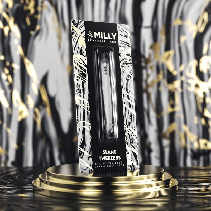 By MILLY Professional Slanted Tweezers for Women & Men | High Carbon Stainless Steel Sharp Tweezers | Tweezers for Women Facial Hair Plucking, Hand-Filed & Aligned Precision Slant Tips - Silver - Image 2