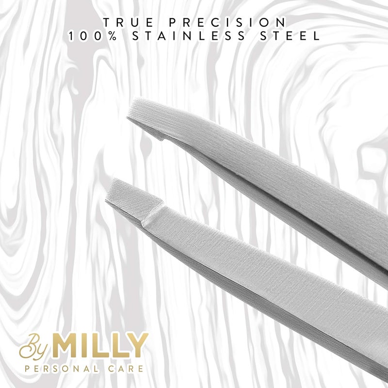 By MILLY Professional Slanted Tweezers for Women & Men | High Carbon Stainless Steel Sharp Tweezers | Tweezers for Women Facial Hair Plucking, Hand-Filed & Aligned Precision Slant Tips - Silver - Image 5