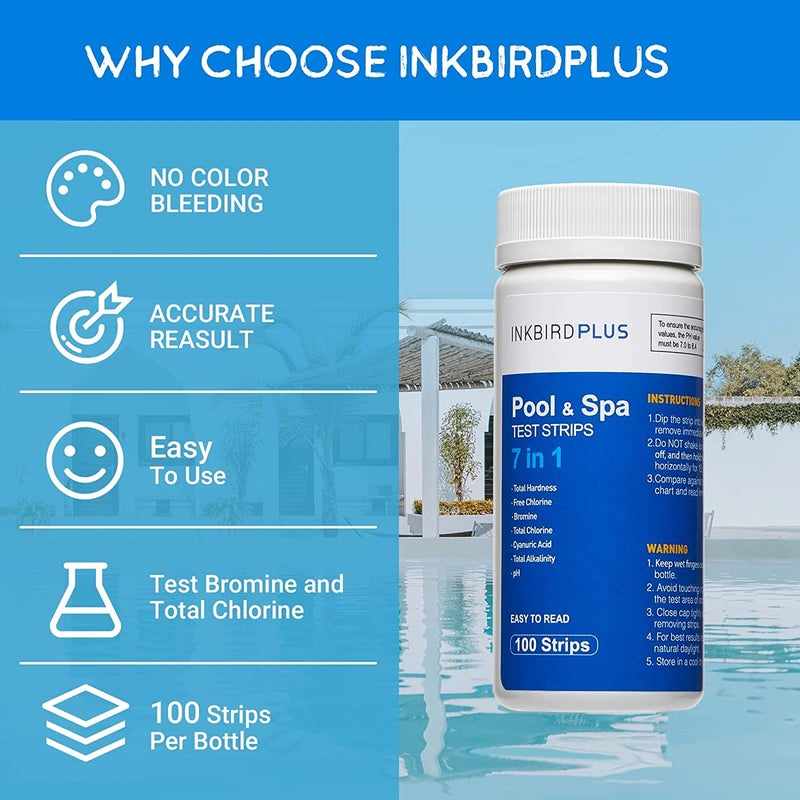 INKBIRDPLUS Pool Test Strips 100 Count, 7-Way Water Testing Kit for Chlorine, pH, Bromine, Alkalinity, Hardness, Cyanuric Acid, Perfect for Pools, Spas & Hot Tubs, Easy to Use, Fast & Reliable Results - Image 5