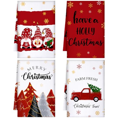 Sratte 4 Pcs Red Christmas Kitchen Towels 16 x 24 Inch Merry Christmas Hand Towels Tree Gnome Truck Dish Cloths Absorbent Xmas Tea Dishcloths for Home Bathroom Xmas Kitchen Decor - Image 1
