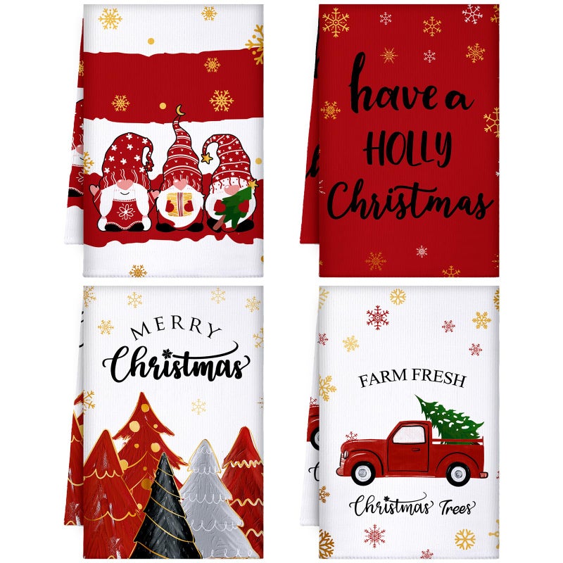 Sratte 4 Pcs Red Christmas Kitchen Towels 16 x 24 Inch Merry Christmas Hand Towels Tree Gnome Truck Dish Cloths Absorbent Xmas Tea Dishcloths for Home Bathroom Xmas Kitchen Decor - Image 2
