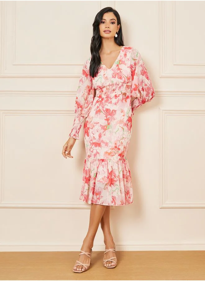 Styli Floral Print Smocked Detail Bodycon Midi Dress