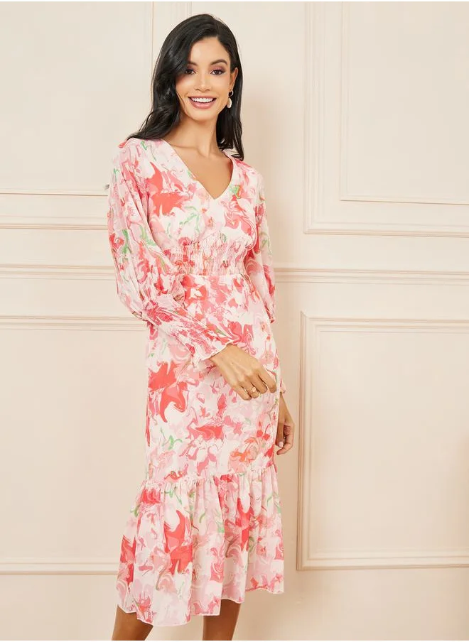 Styli Floral Print Smocked Detail Bodycon Midi Dress