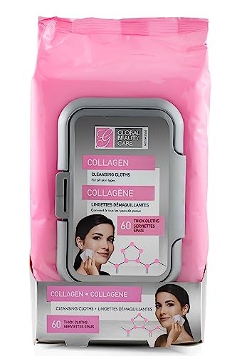 Global Beauty Care Collagen Cleansing Facial Towelettes for All Skin Types Makeup Remover ParabenFree NonComedogenic Hydrating Firming Smoothing Formula 60 Ct 1 Pack