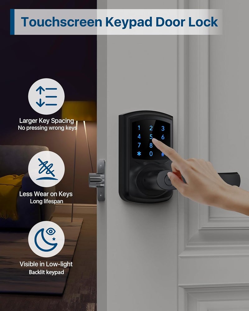 HIDALIFE قفل باب بدون مفتاح مع لوحة مفاتيح ومقبض للأبواب الأمامية، قفل باب إلكتروني بشاشة تعمل باللمس، كلمة مرور مضادة للتجسس، قفل تلقائي، أسود غير لامع - Image 3