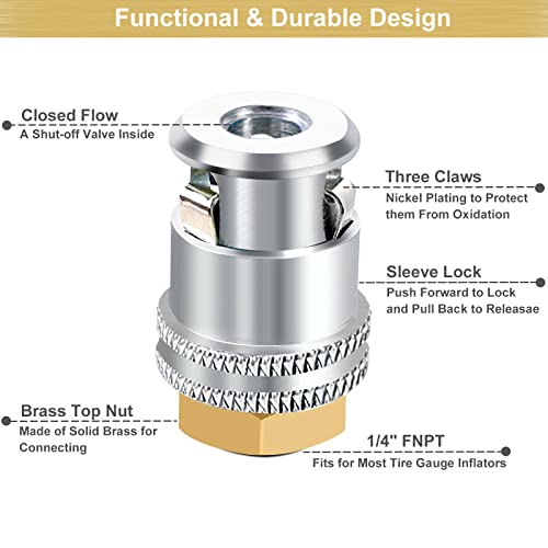 GODESON Lock On Air Chuck,1/4FNPT Closed Flow Brass Tire Chuck,Tire Air Chuck for Tire Inflator Gauge and Air Compressor(Pack of 2) - Image 2