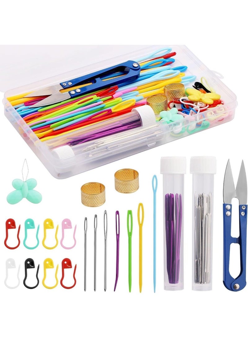 150 PCS Plastic Large Eye Sewing Needles, Large-Eye Blunt Needles, Bent Tapestry Needles, Yarn Needles Crafting Knitting Stringing Needles, with Storage Box and Needle Threader for Knitting Crochet - Image 1