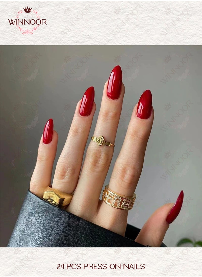 وينور - 24 قطعة أظافر صناعية بلون موحد، أظافر صناعية حمراء لامعة، أظافر صناعية بشكل اللوز - Image 1