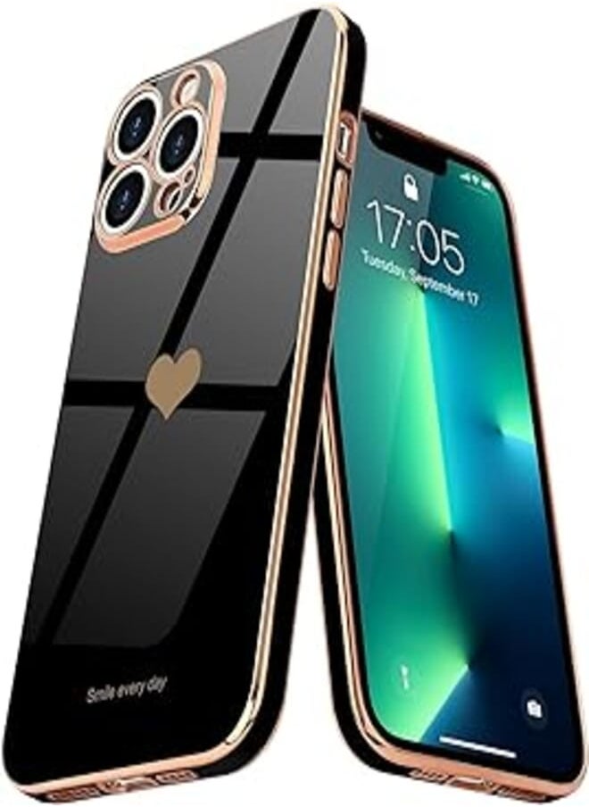 Generic - ELMO3EZZ for iPhone 13 Pro Case for Women Girl Cute Love-Heart Luxury Bling Plating Soft Back Cover Raised Camera Protection Bumper Silicone Shockproof Phone Case for iPhone 13 Pro, Black - Image 1