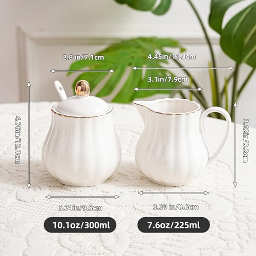 Agyiuns Ceramic Sugar and Creamer Set, 3 Piece with Cream Pitcher, Sugar Bowl with Lid and Spoon,Coffee and Tea Serving Set (White with gold line) - Image 2