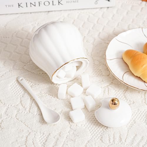 Agyiuns Ceramic Sugar and Creamer Set, 3 Piece with Cream Pitcher, Sugar Bowl with Lid and Spoon,Coffee and Tea Serving Set (White with gold line) - Image 4